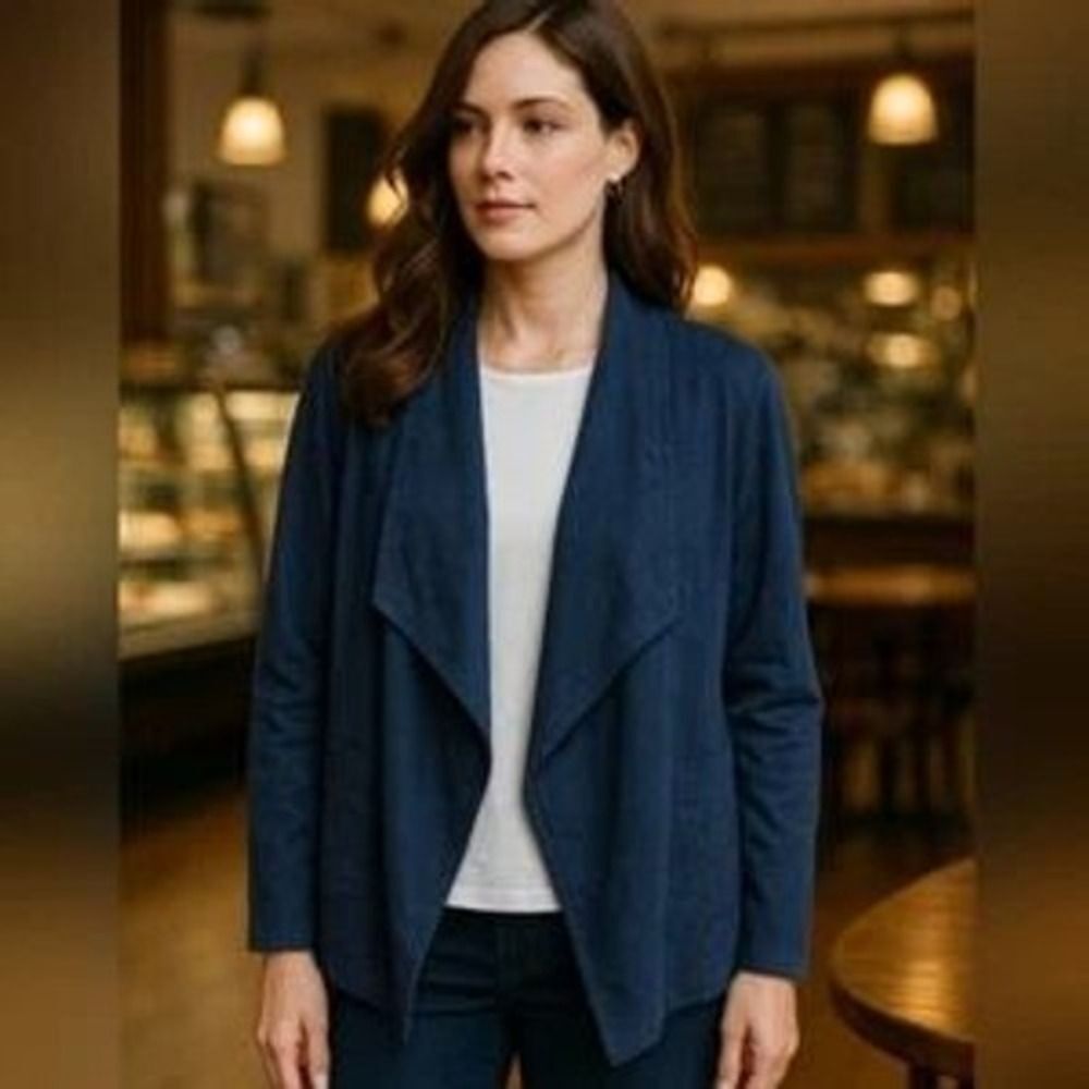 J Jill Lg Petite Blazer Navy Blue Open Drape Front Faux Suede Office Casual Boho